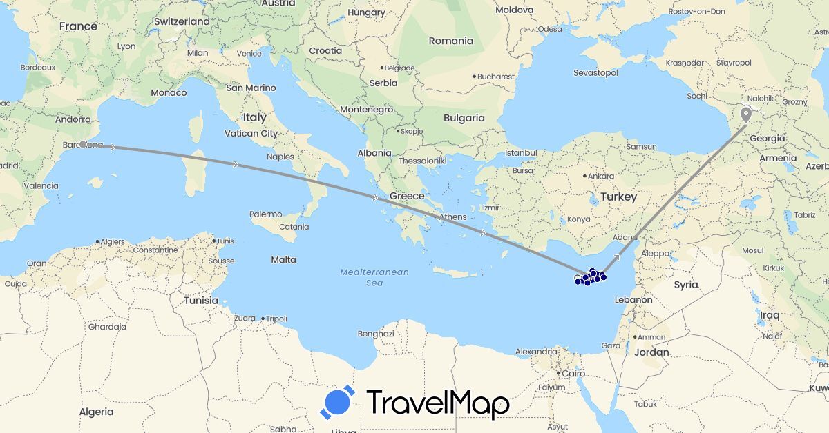 TravelMap itinerary: driving, plane in Cyprus, Spain, Georgia (Asia, Europe)